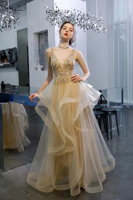 Champagne Color Prom Dress V-neck Party Dress Spaghetti Straps Evening Dress Tulle Formal Dress High End Evening Dress