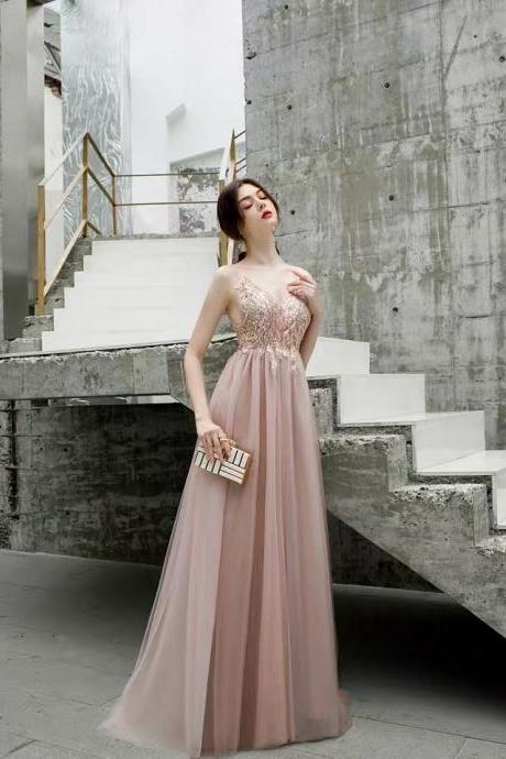 Pink Evening Dress V-neck Prom Dress Spaghetti Straps Party Dress Sleeveless Formal Dress V-back Prom Dress