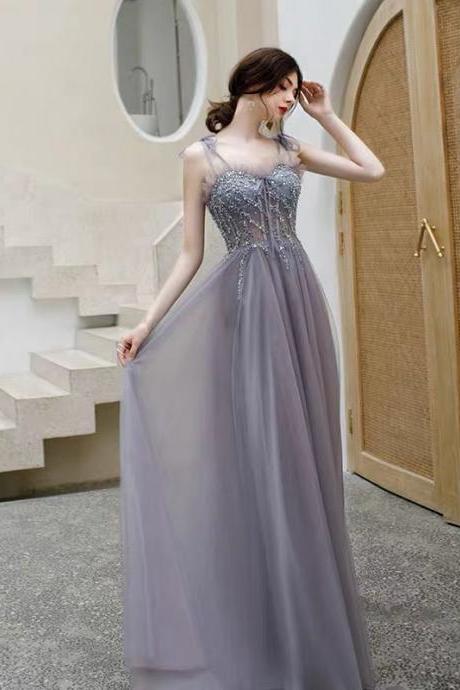 Lilac Evening Dress Spaghetti Straps Prom Dress Tulle Lace Party Dress High Waist Formal Dress Pretty Birthday Party Dress