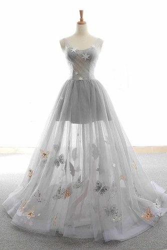 gray tulle sparkly long customize prom dress cute party dress long evening gowns animals embroidery applique formal dress