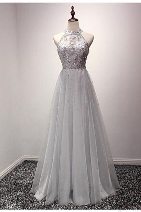 Gray Halter Evening Dresses,a-line Prom Dress,party Dress Gowns,tulle Long Formal Dress With Crystals