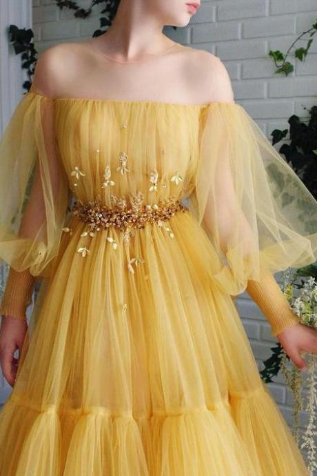 Yellow Long Sleeve Prom Dress Off Shoulder Party Dress Lace Tulle Evening Dress Pretty Long Dress A-line Long Dress Appliques Evening Dress