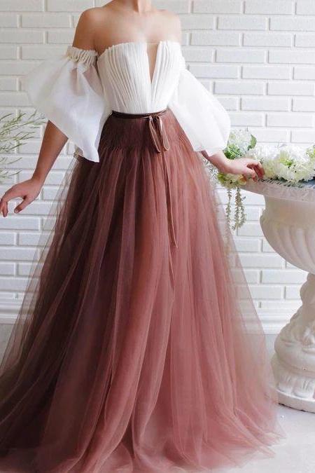 Off Shoulder Formal Prom Dresses Dress A-line Party Dress Beads Celebrity Party Gowns Dubai Tulle Sweep Train Evening Dress