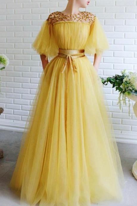 Romantic Prom Dresses A-line Ball Gown,unique Long Prom Dress,cute Off The Shoulder Evening Dress Yellow Prom Dress