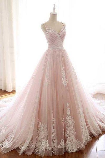 Pink Evening Dress Straps Evening Dress Tulle Prom Dress With Lace Appliques Wedding Dress, A Line Formal Dresses