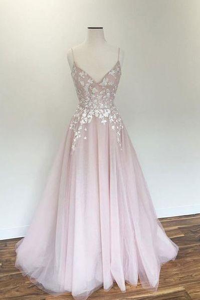 Spaghetti Prom Dress Light Pink Party Dress V Neck Prom Dress Tulle Applique Long Prom Dress, Pink Evening Dress