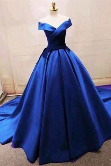 Blue party dress off shoulder evening dress v neck prom dress satin long formal dress