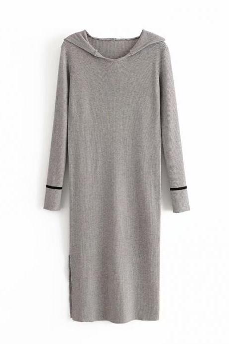 Women&amp;amp;amp;amp;#039;s Hoodie Sleeve Color Contrast Super Long Knit Dress