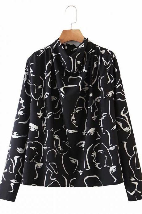 Women&amp;amp;amp;#039;s Shoulder Pleating Design Stand-up Collar Long-sleeve Printed Shirt Women&amp;amp;amp;#039;s Autumn