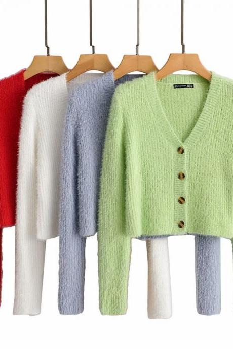 Women's dress new style of mink short crop navel long sleeve V-neck sweater cardigan