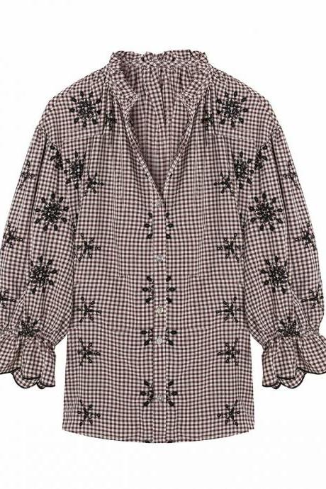 Autumn Embroidered Plaid Women&amp;amp;amp;#039;s Ethnic Style Shirt