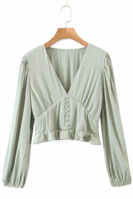 Autumn V-neck lantern sleeve blouse