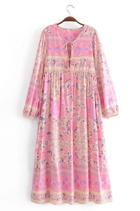 Autumn Rayon Positioning Flower Long-sleeved Holiday Dress