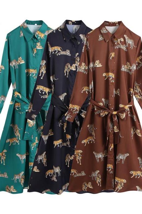 Fall tiger print shirt dress with long sleeves