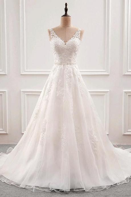 V-neck wedding dress white elegant bridal dress lace wedding dress back illusion wedding dress,custom made