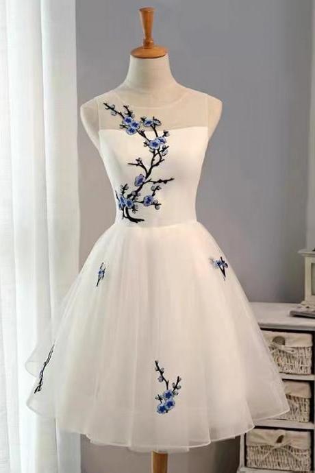 O-neck Prom Dress Tulle Party Dress White Homecoming Dress, Mini Dress With Embroidered,custom Made