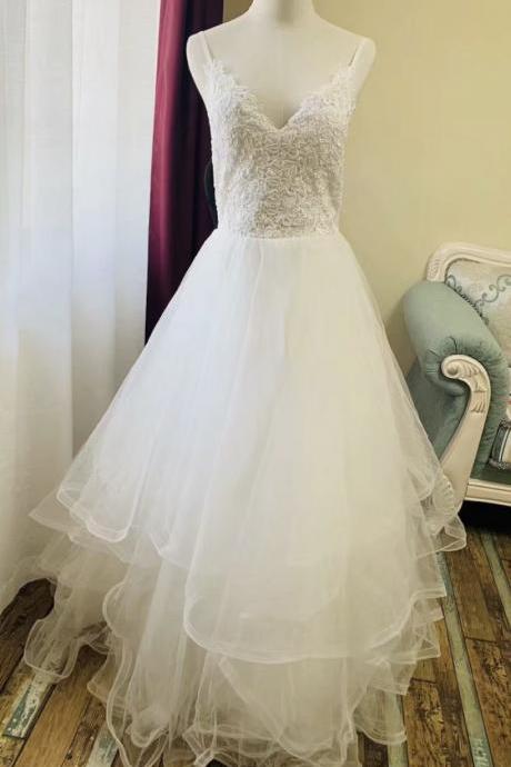 Queenie Prom Unique, Spaghetti strap Prom Dress, White Bridal Dress,High Quality Lace Party Dress,Custom made