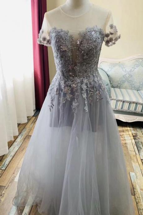 Short Sleeve Prom Dress ,gray Formal Evening Dress,illusion Back Pretty Dress