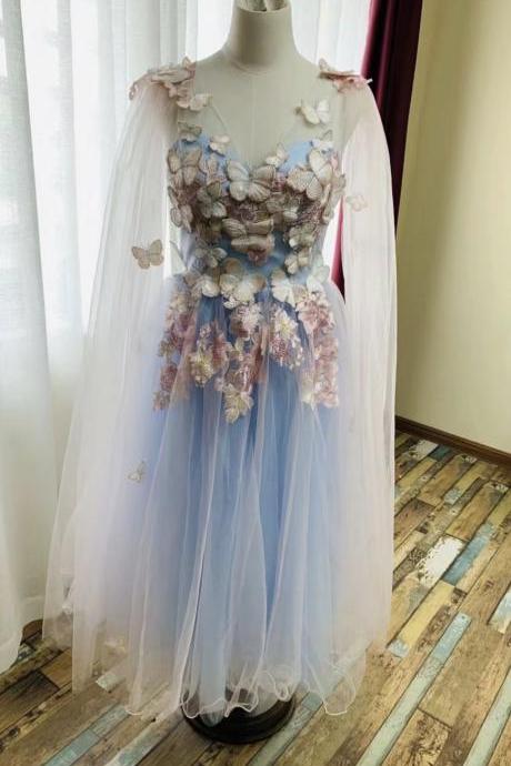 Sleeveless Prom Dress ,blue Party Dress Appquie Homecoming Dress,