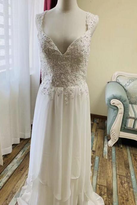 Spaghetti strap wedding dress ,white bridal dress,elegant light wedding dress,Queenie Prom Unique,Custom made