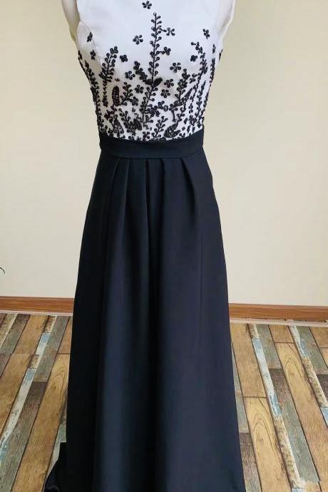 Sleeveless Evening Dress ,white And Black Party Dress,formal Dress With Beads,