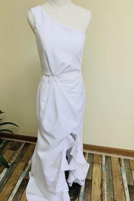One Shoulder Evening Dress ,white Party Dress,simple Prom Dress,forked Flounces,