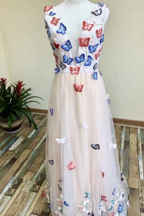 V-neck Prom Dress , Champagne Party Dress,,charming Dress With Butterfly Applique