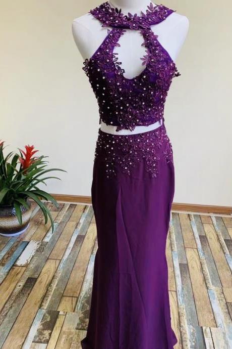 Two piece prom dress ,chiffon party dress,graduation purple dress,the back of the bandage,Queenie Prom Unique,Custom Made
