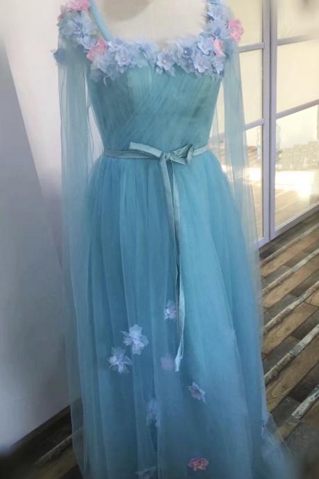 Sky Blue Prom Dress,off Shoulder Party Dress, Fairy Dream Dress With Applique