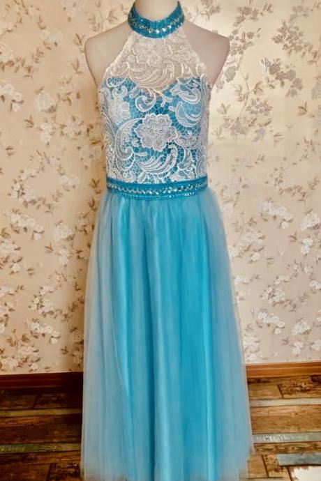 Halter Neck Prom Dress,lace And Tulle Party Dress, Blue Graduation Dress,,custom Made