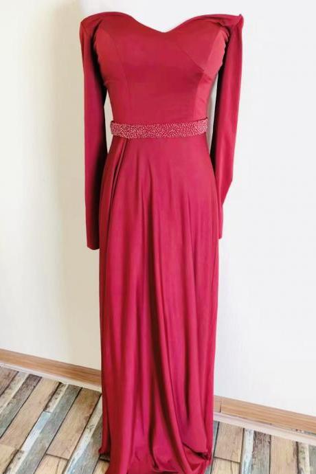 Long sleeve prom dress,red party dress,off shoulder evening dress,back zipper,Queenie Prom Unique,Custom Made