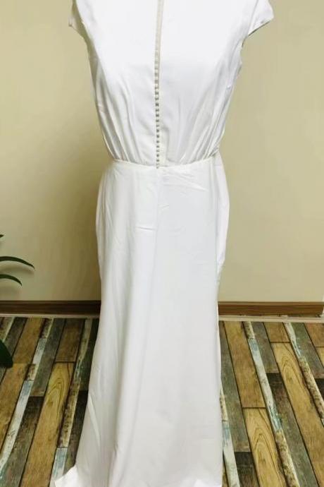 Short Sleeve Prom Dress,white Party Dresss,simple Weddiing Dress