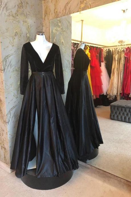 Long Sleeve Prom Dress,black Party Dress,velvet And Satin Evening Dress,formal Dress