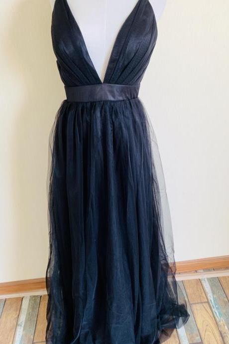 Spaghetti Strap Prom Dress,black Party Dress,sexy Tulle Evening Dress,