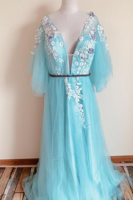 Formal Prom Dress,light Blue Party Dress,fairy Prom Dress With Applique,