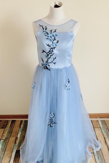 Formal Prom Dress,light Blue Party Dress,sleeveless Prom Dress With Embroidered,