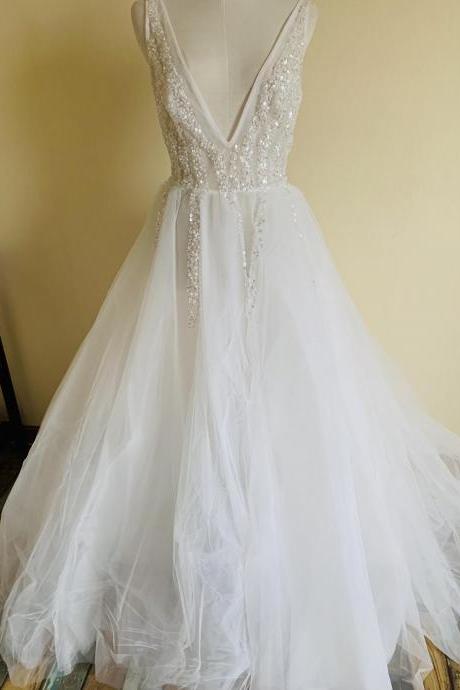 Deep V-neck Prom Dress,white Party Dress,beach Bridal Dress With Beads,,custom Made