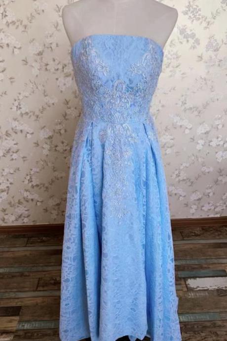 Strapless Prom Dress,lace Party Dress,elegaht Blue Evening Dress