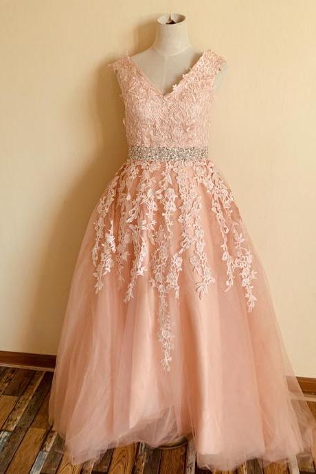 V-neck Prom Dress,lace Party Dress,pink Ball Gown,