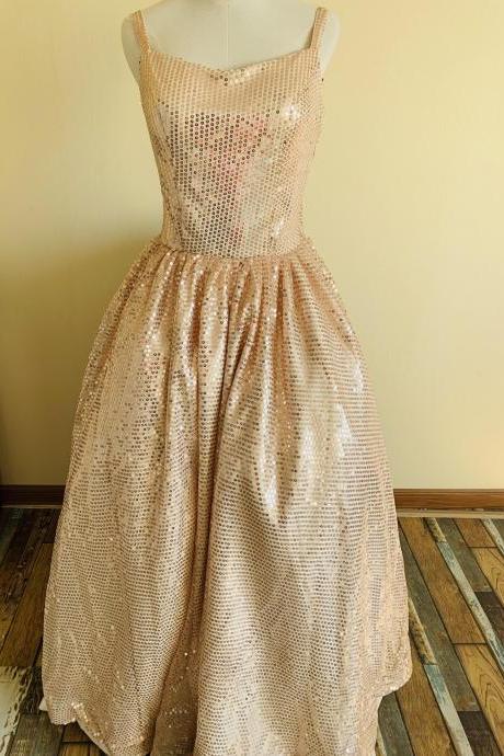 Spaghetti Strap Prom Dress,gold Party Dress,ball Gown Dress With Sequins