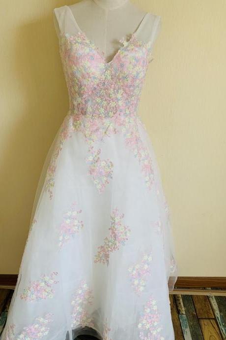 V-neck Prom Dress,white Party Dress,ball Gown Dress With Embroidered