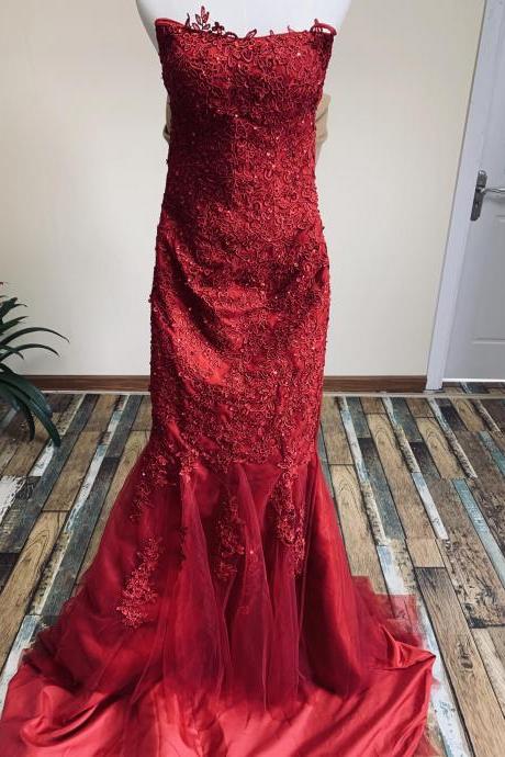 Strapless Prom Dress,red Party Dress,memaid Prom Dress With Lace,charming ,sexy,custom Made