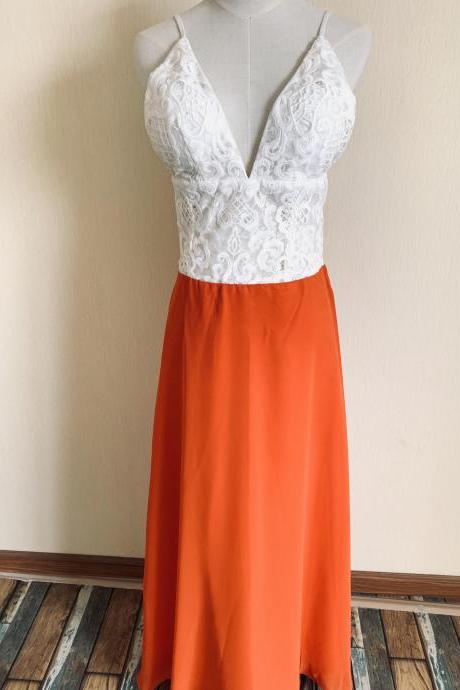 Spaghetti straps prom dress,orange party dress,maxi dress with lace ,charming ,sexy,Queenie Prom Unique,Custom Made