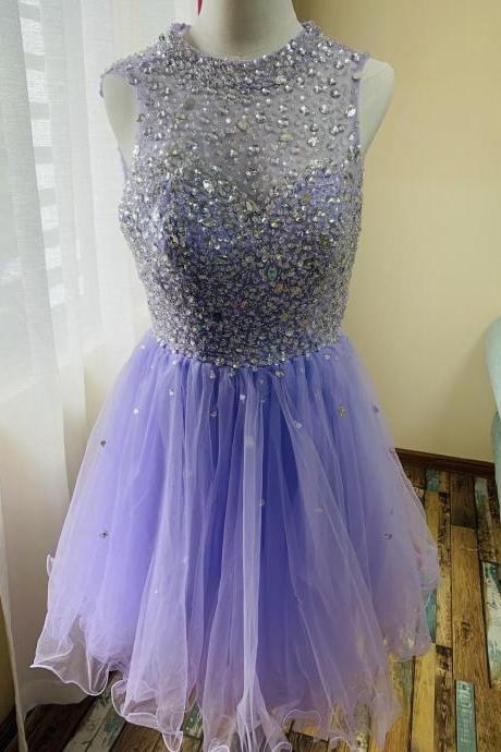 Sleeveless Prom Dress,light Purple Party Dress, Cute Homecoming Dress With Beads,