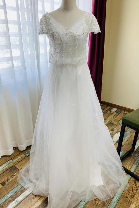 Short Sleeve Wedding Dress,light Bridal Dress With Beads
