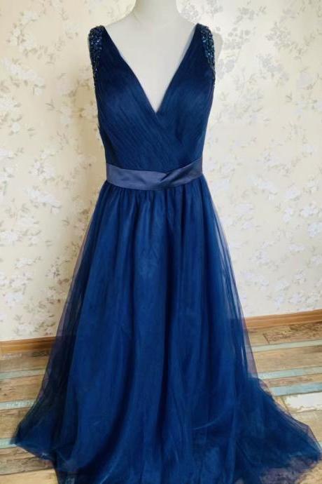 V-neck Prom Dress,navy Blue Evening Dress,sexy Party Dress,
