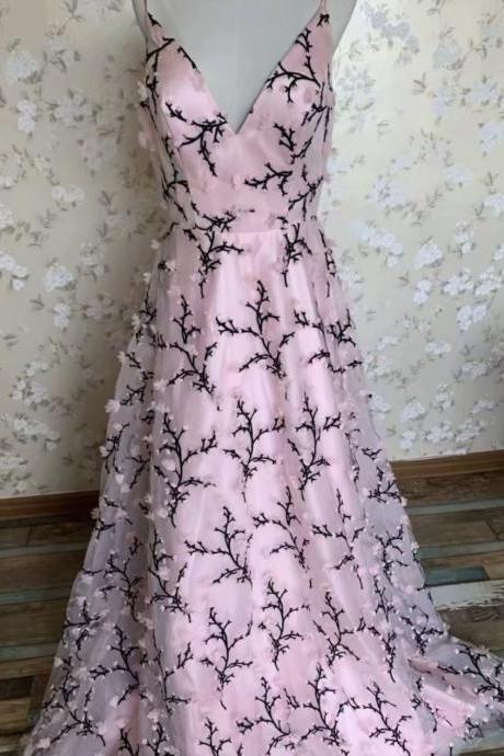 Spaghetti Strap Prom Dress,pink Party Dress,fancy Graduation Dress With Embroidered,