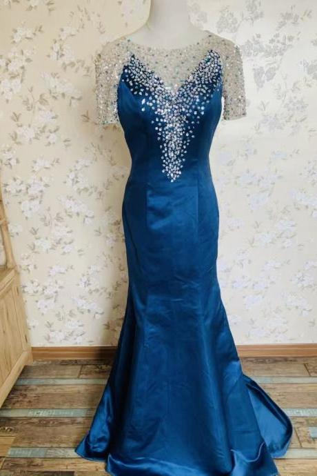Short sleeve prom dress,royal blue party dress, formal wedding guest dress,Queenie Prom Unique,Custom Made