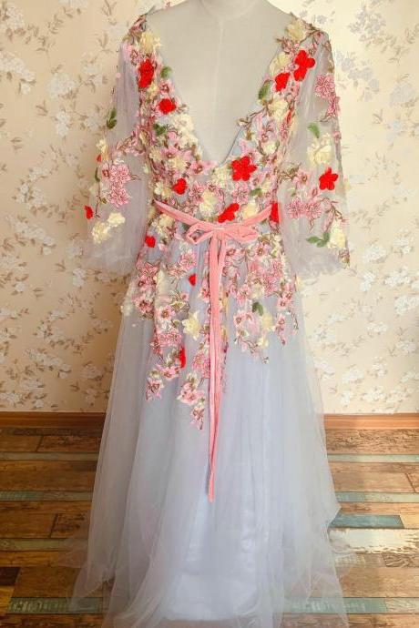 Long Sleeve Prom Dress,fancy Party Dress,v-neck Prom Dress With Embroidered