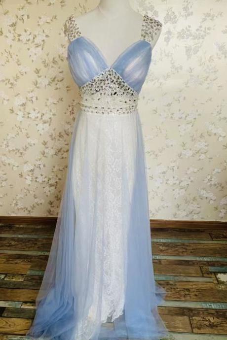 V-neck Prom Dress,blue Party Dress,tulle And Lace Fairy Dress,elegant,custom Made